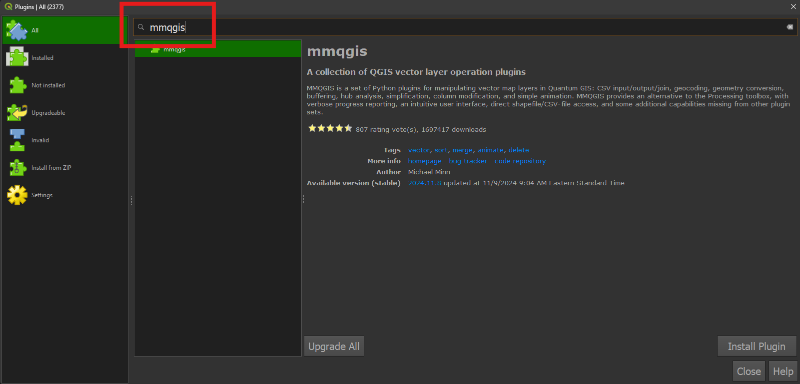Searching for MMQGIS.