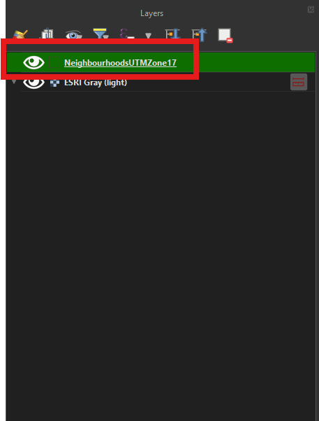 Selecting the neighbourhoods layer in the Layers Panel.