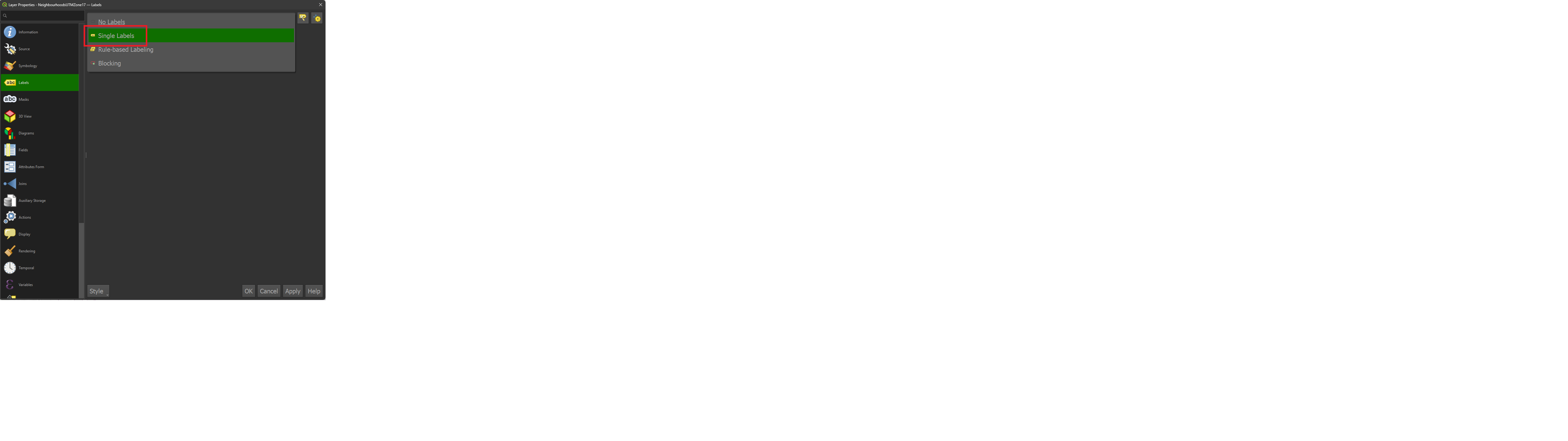 'Single labels' option.