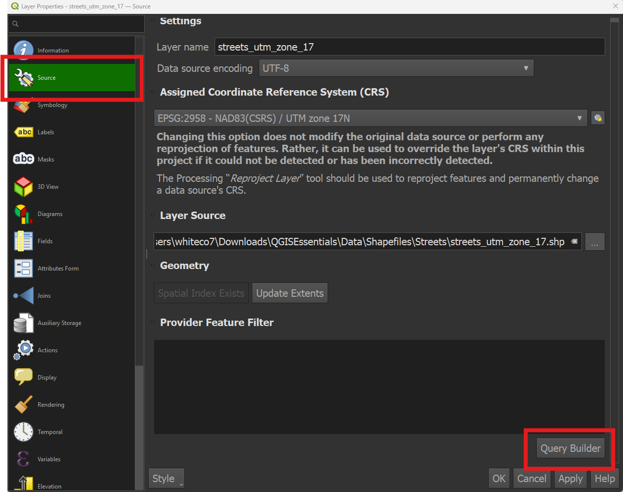 Source → Query builder