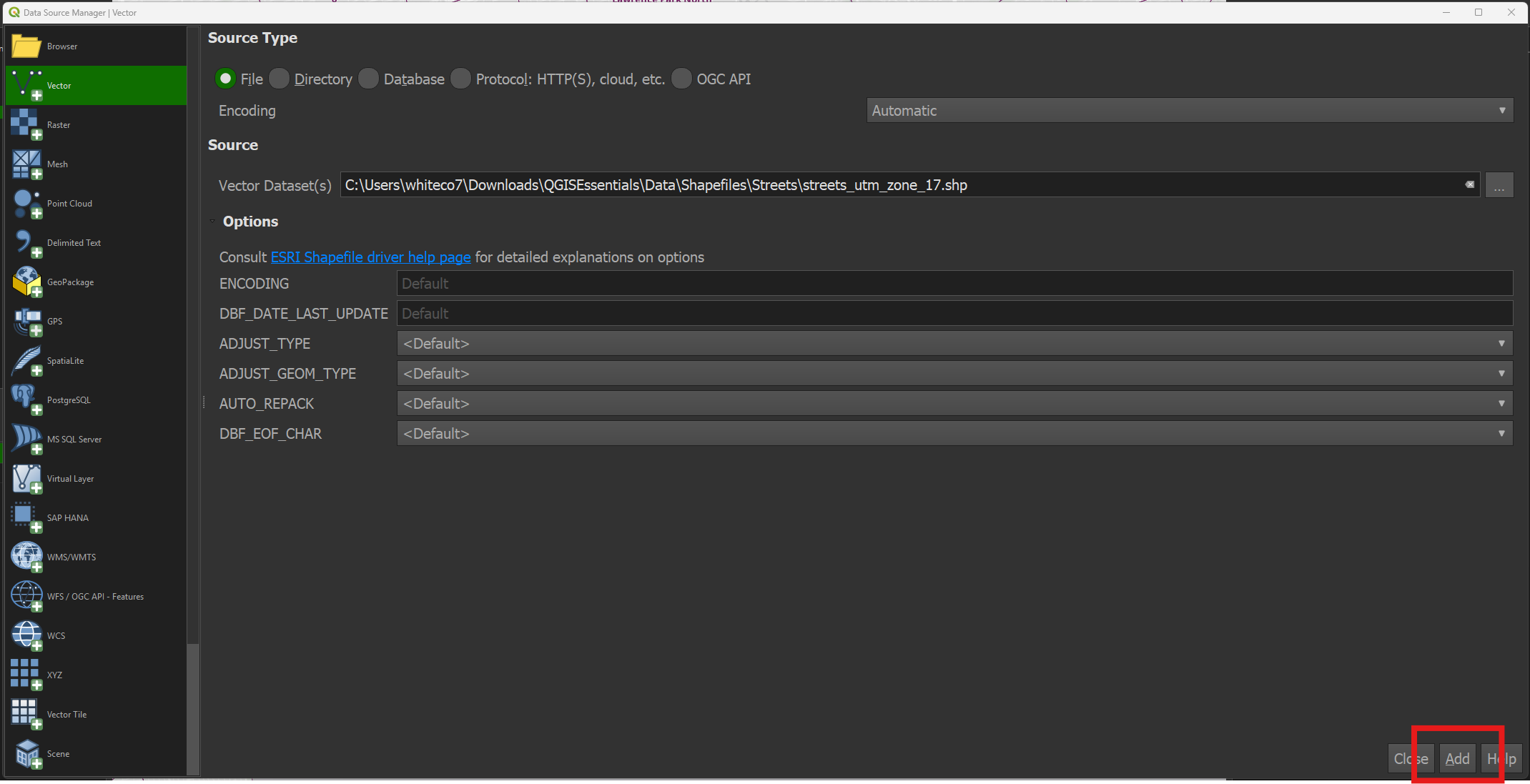 Add the layer, close the Data Source Manager window