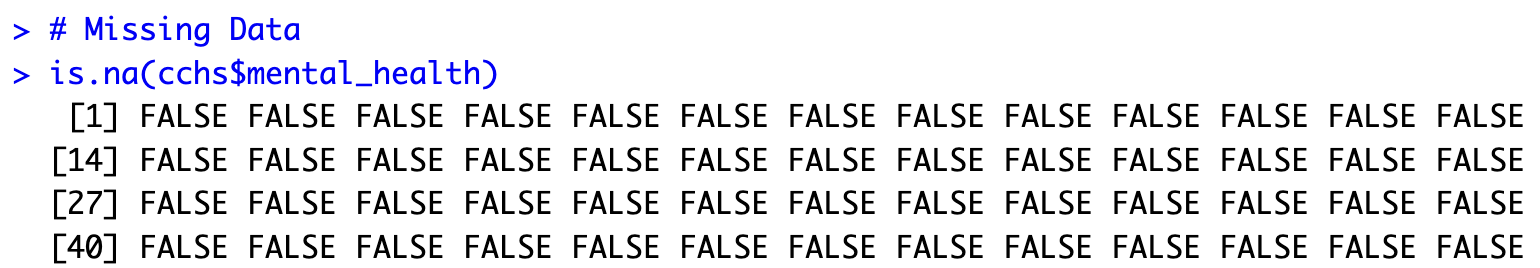 TRUE and FALSE values showing missing mental health responses.