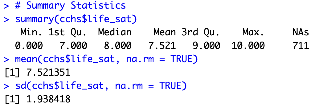 Summary statistics of life satisfaction using summary, mean, and sd.