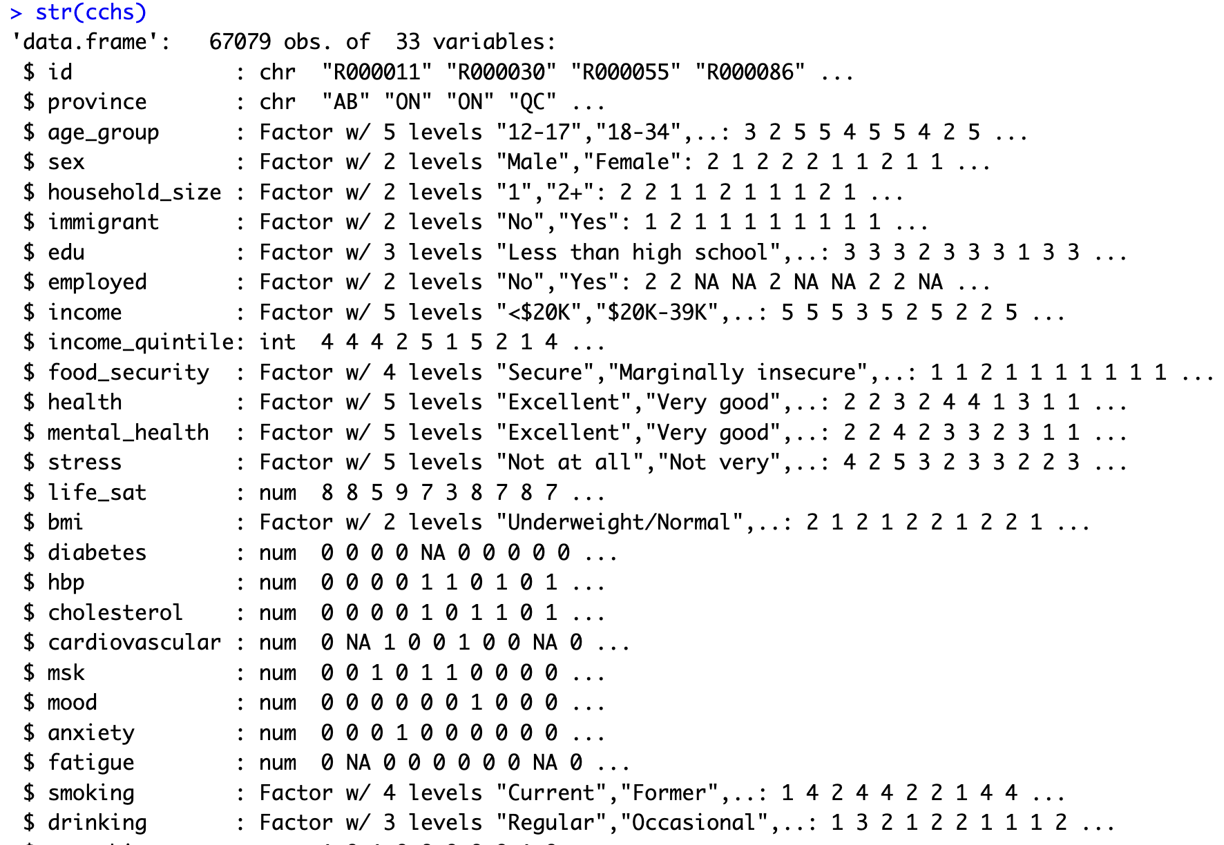 List of cchs dataset columns with the data type and the first few values.
