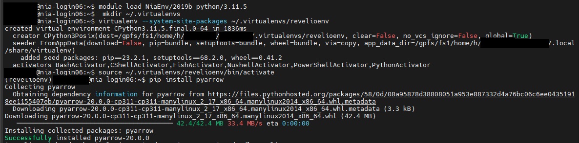 setting up a virtual environment and installing pyarrow