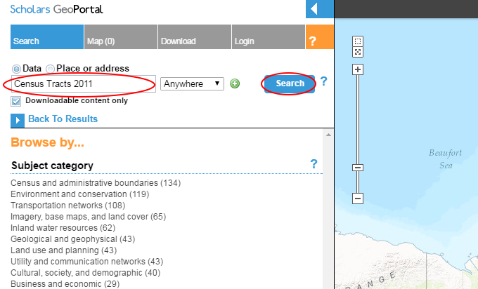 Screenshot highlighting the search bar and search button in Scholars GeoPortal.