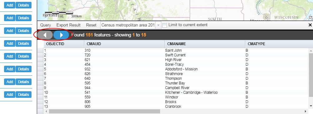 Screenshot showing the location of the blue navigation arrows in the Data Table.