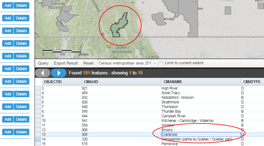 Screenshot showing a feature on the map which is highlighted after selecting the feature from the Data Table.