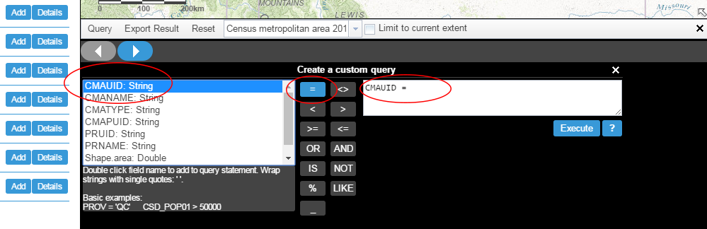 Screenshot showing the query selections.