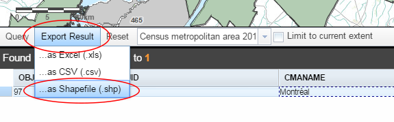 Screenshot highlighting the export result tab and the shapefile selection.