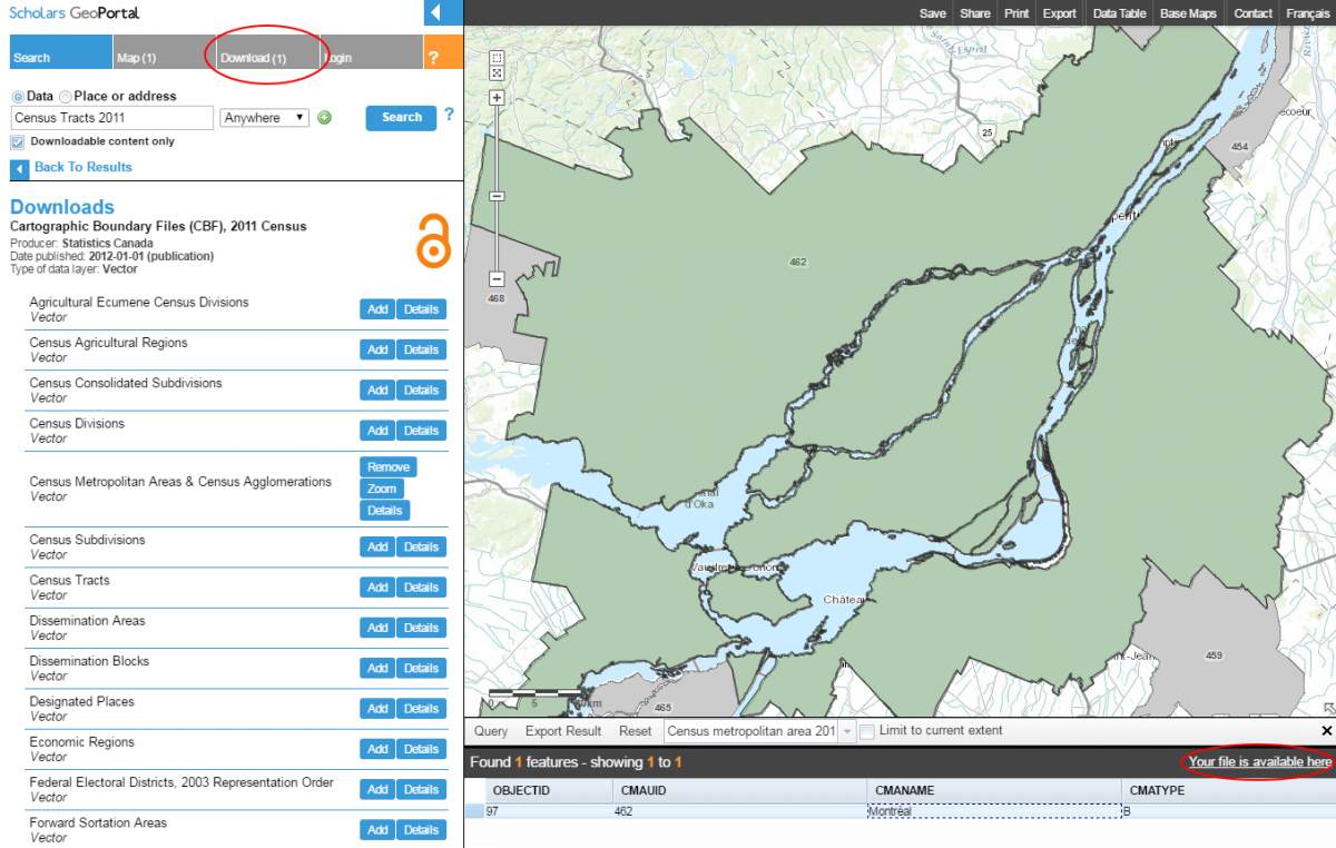 Screenshot highlighting the location of the Download tab and the File Available message.