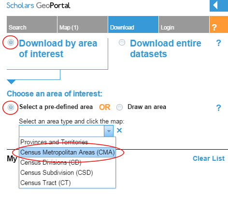 Screenshot highlighting which buttons to select in order to select Census Metropolitan Areas as the pre-defined area type.