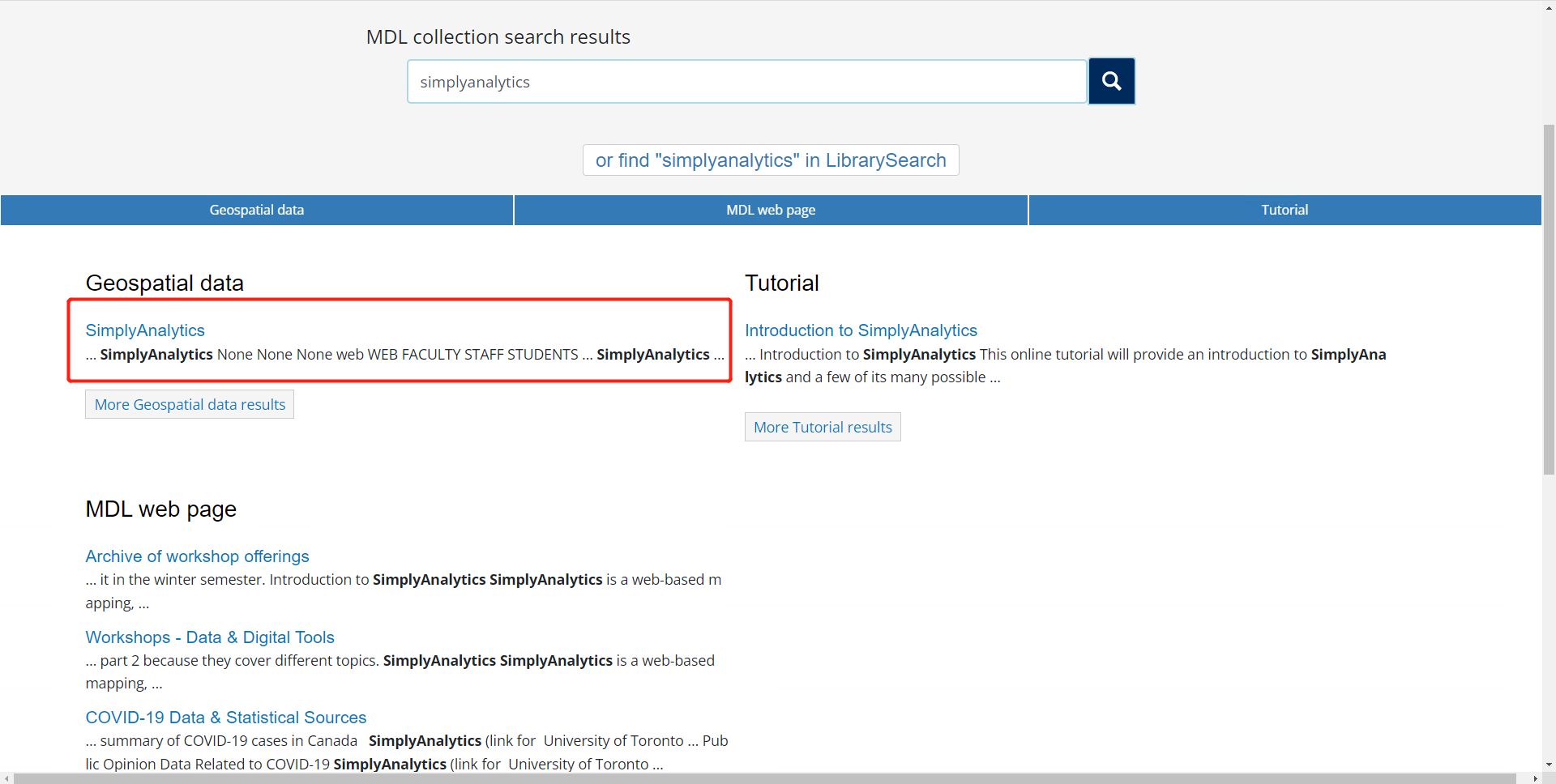 Result of searching SimplyAnalytics on MDL webpage