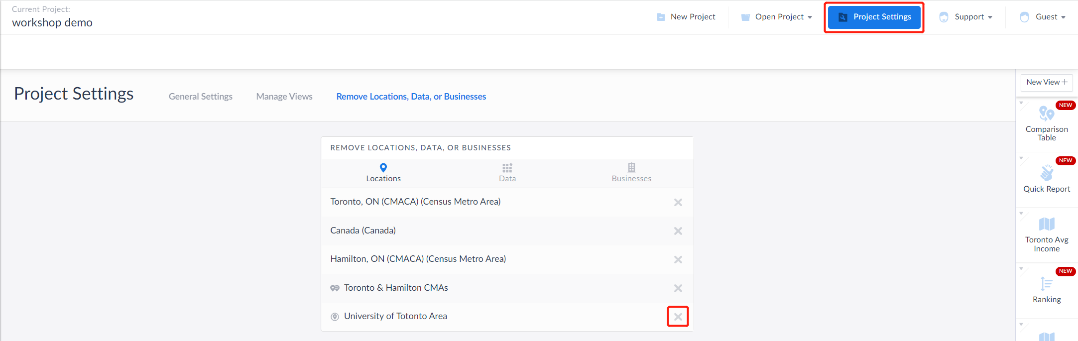 Project Settings page for SimplyAnalytics