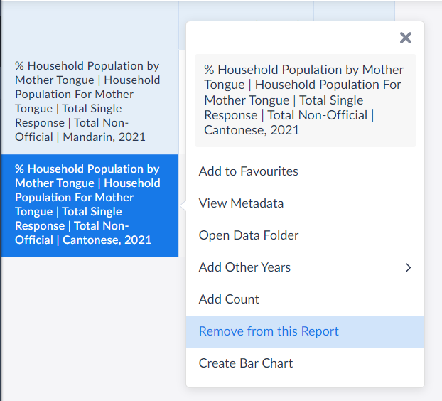 More options for selected dataset in report