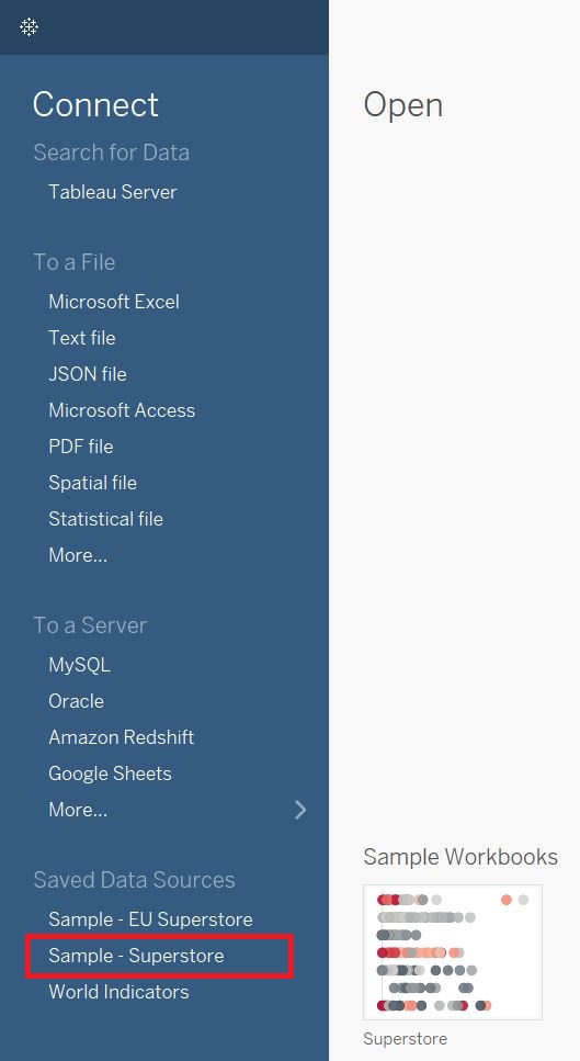 Tableau's connect menu. The option 'Sample-Superstore' is highlighted.