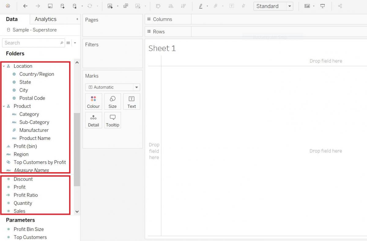 The Dimensions section at the top of the Side Bar and the Measures section directly below it, both highlighted.