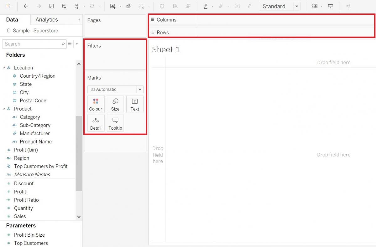 The Filters and Marks sections are highlighted, located to the left of the sheet. The Columns and Rows sections are also highlighted, located at the top of the sheet.