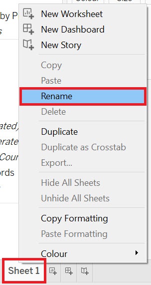 Image displaying a menu emerging from the Sheet 1 tab at the bottom of the application. In the menu the item 'Rename' is highlighted.