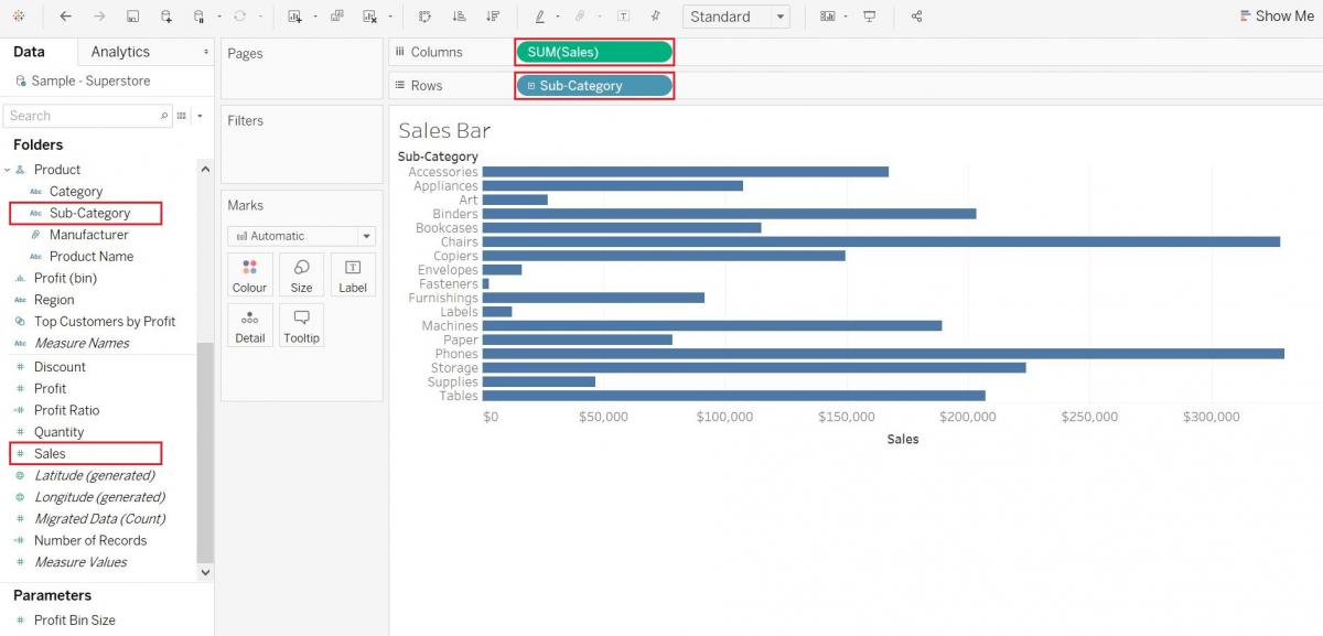 Highlight of Sales and Sub-Category variables in their original dimensions and measures sectopms as well as in pill form in the Columns and Rows sections respectively.