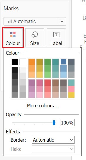 Highlight of the Colour box in the Marks card with a drop-down menu emerging from it.