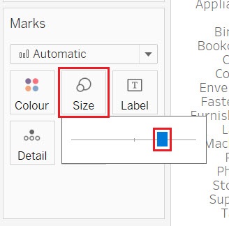 Highlight of the Size box in the Marks card. A drop-down menu emerges from it with the slider button highlighted.