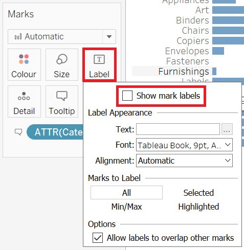 Highlight of the Label box in the Marks card. A drop-down menu emerges from it with the 'Show mark labels' box highlighted.