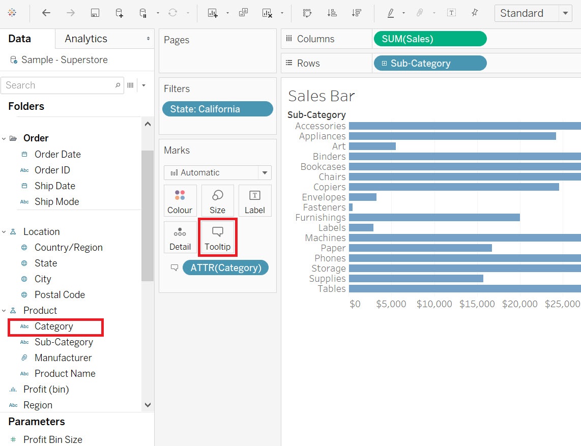 Highlight of the Category variable in the Dimensions section as well as the Tooltip box in the Marks Card.