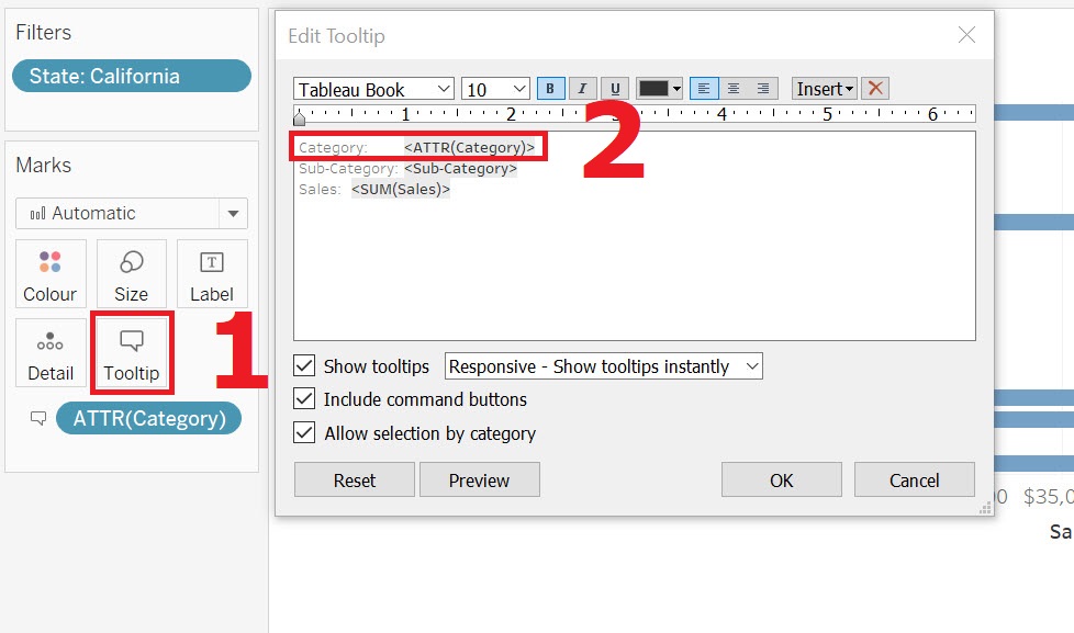 The screen is pictured with the numbers 1 and 2, corresponding to the instructions above.