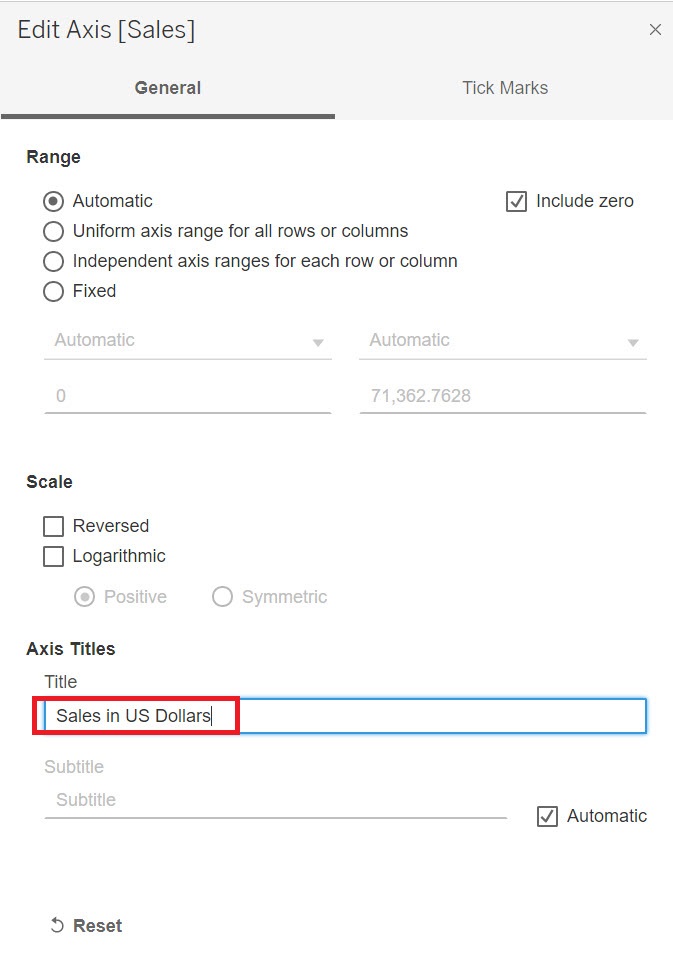 Image displaying the Edit Axis window with the Title text box highlighted. "Sales in US Dollars" is in the text box.