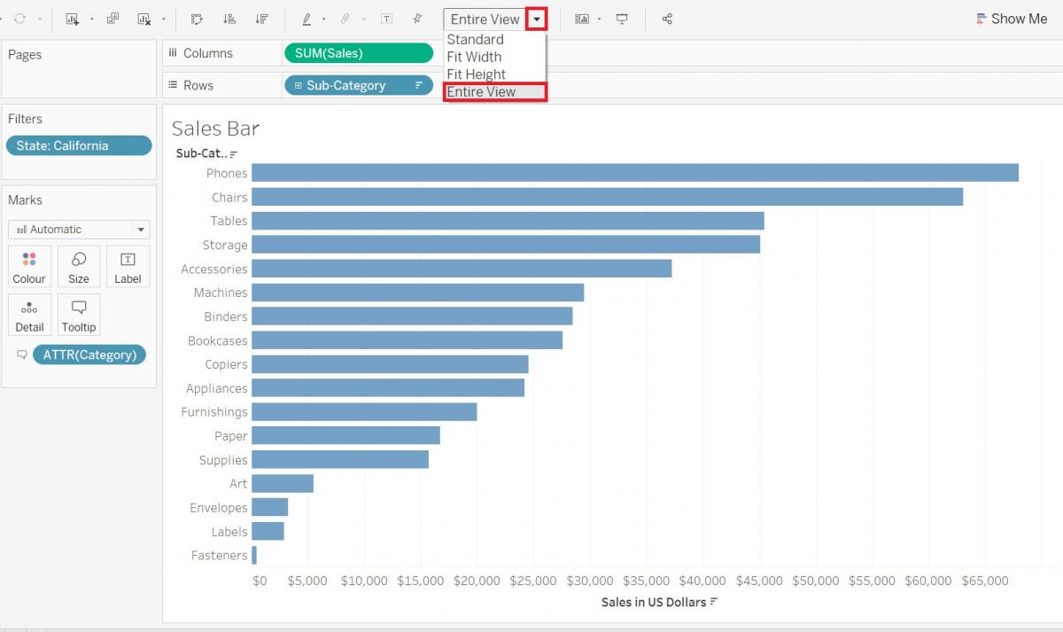 Image highlighting the Fit Control drop down menu with the menu item "Entire View" highlighted.