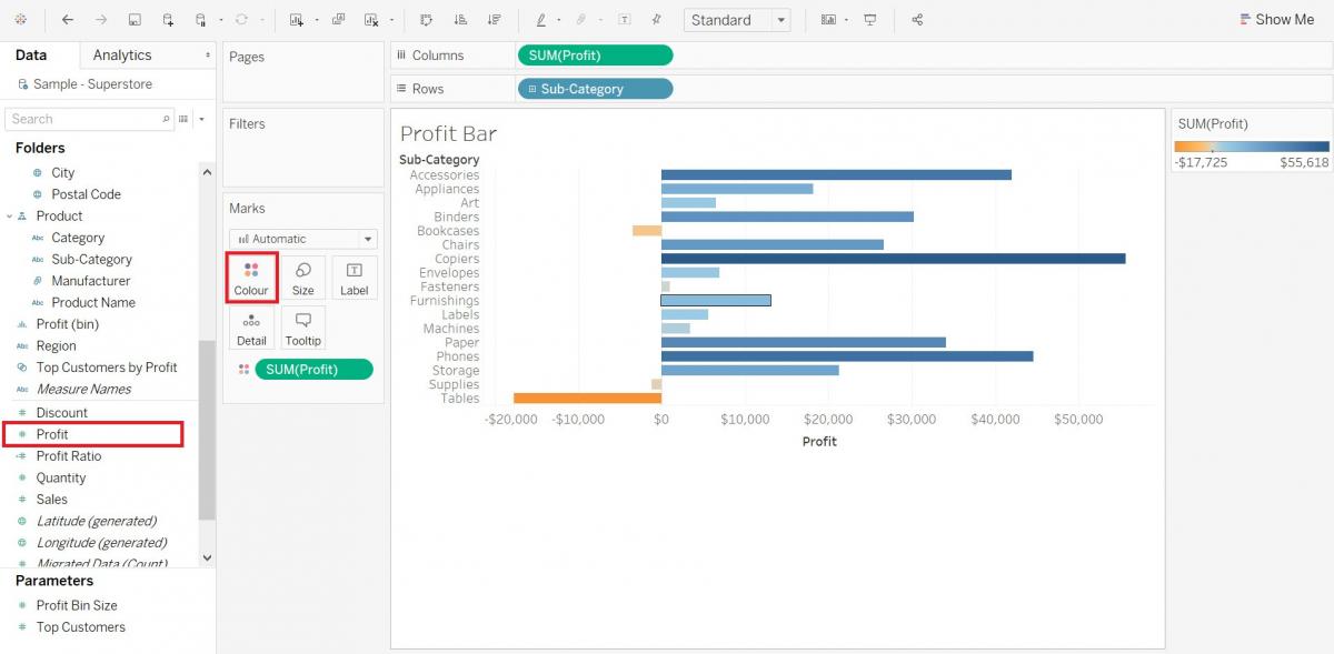 Highlight of the Profit variable in the Measures section as well as the colour box in the Marks Card.