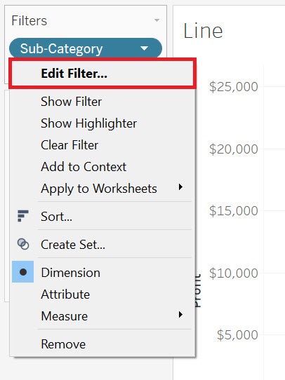 Image displaying a drop-down menu from the Sub-Category Pill in the Filters Card with the item "Edit Filter..." highlighted.