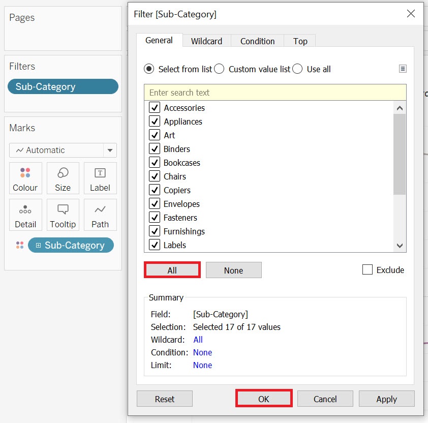 An image displaying the Filter window with the "All" and "OK" buttons highlighted.