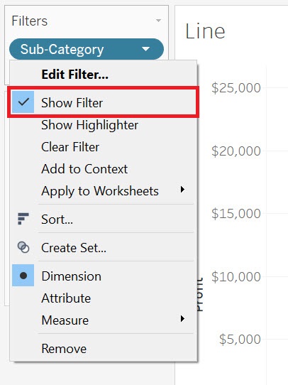 Image displaying a drop-down menu from the Sub-Category Pill in the Filters Card with the item "Show Filter" highlighted.