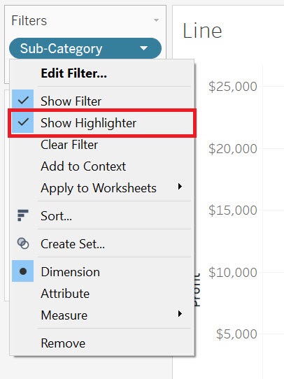 Image displaying a drop-down menu from the Sub-Category Pill in the Filters Card with the item "Show Highlighter" highlighted.