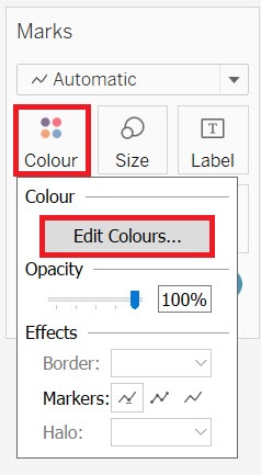 Image displaying a dropdown menu from the Colour box in Marks Card. In the dropdown menu the button "Edit Colours..." is highlighted.