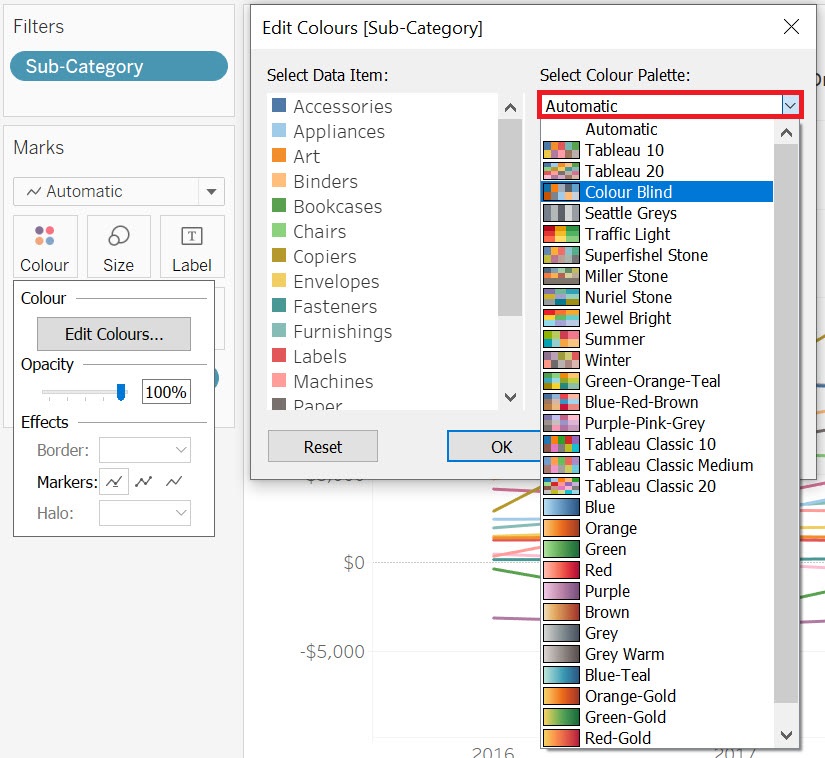 Image displaying the Edit Colour Window with the Select Colour Palette dropdown menu highlighted.