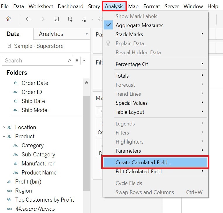 Analysis drop down menu with the menu item "Create Calculated Field" highlighted.