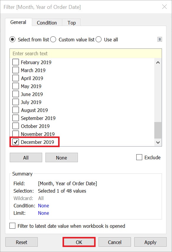The Filter window with the list item "December 2019" and the "OK" button highlighted.