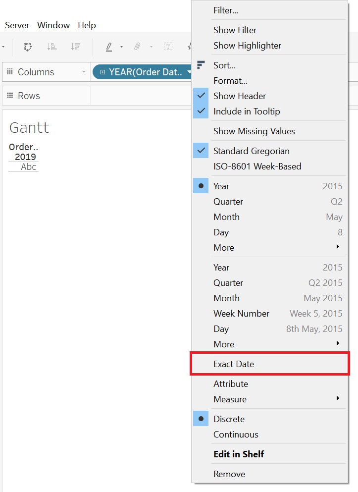 Drop-down menu emerging from the "Order Date" pill with the menu-item "Exact Date" highlighted.