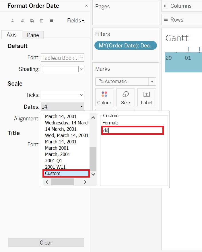 Image showing the location of the Dates formatting options in the ‘Format Order Date’ pane. In the Dates drop-down menu, the item ‘Custom’ is highlighted. In the Custom text box, ‘dd’ is inputted.
