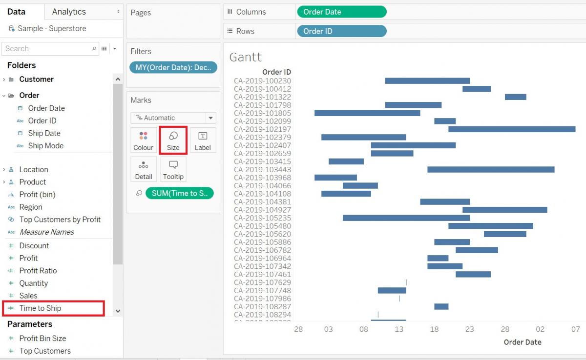 The "Time to Ship" variable in the Measures section as well as the Size box in the Marks card are highlighted.