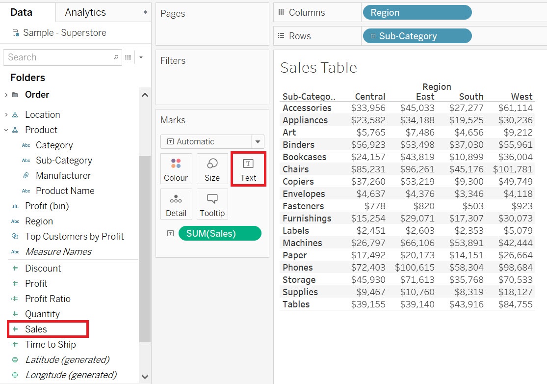 Highlight of the Sales variable in the Measure section as well as the Text box in the Marks card.