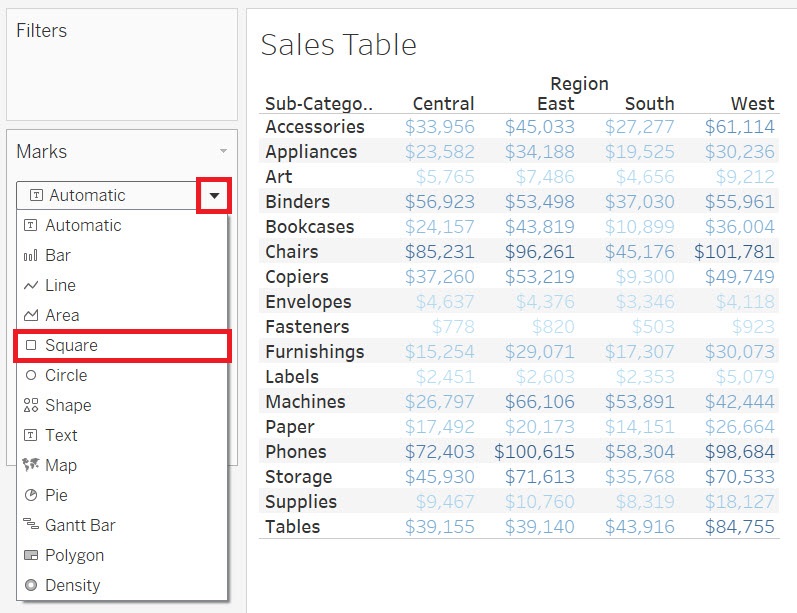 Marks card drop-down menu with the Square menu-item highlighted.