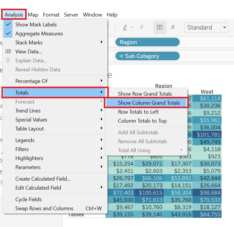 Image displaying the Analysis dropdown menu. In the master dropdown menu ‘Totals' is highlighted. From this selection a sub-drop down menu is shown with the option ‘Select Column Grand Totals'' highlighted.