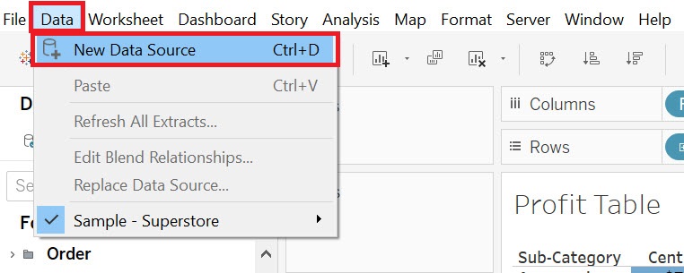 Data dropdown menu with the menu item "New Data Source" highlighted.