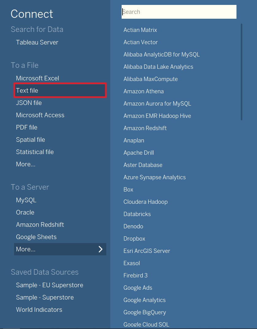 Tableau's connect menu with the menu-item "Text file" highlighted.