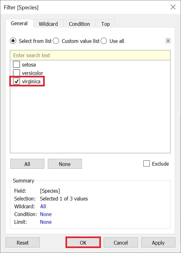 The Filter window with the item "virginica" and the "OK" button highlighted.