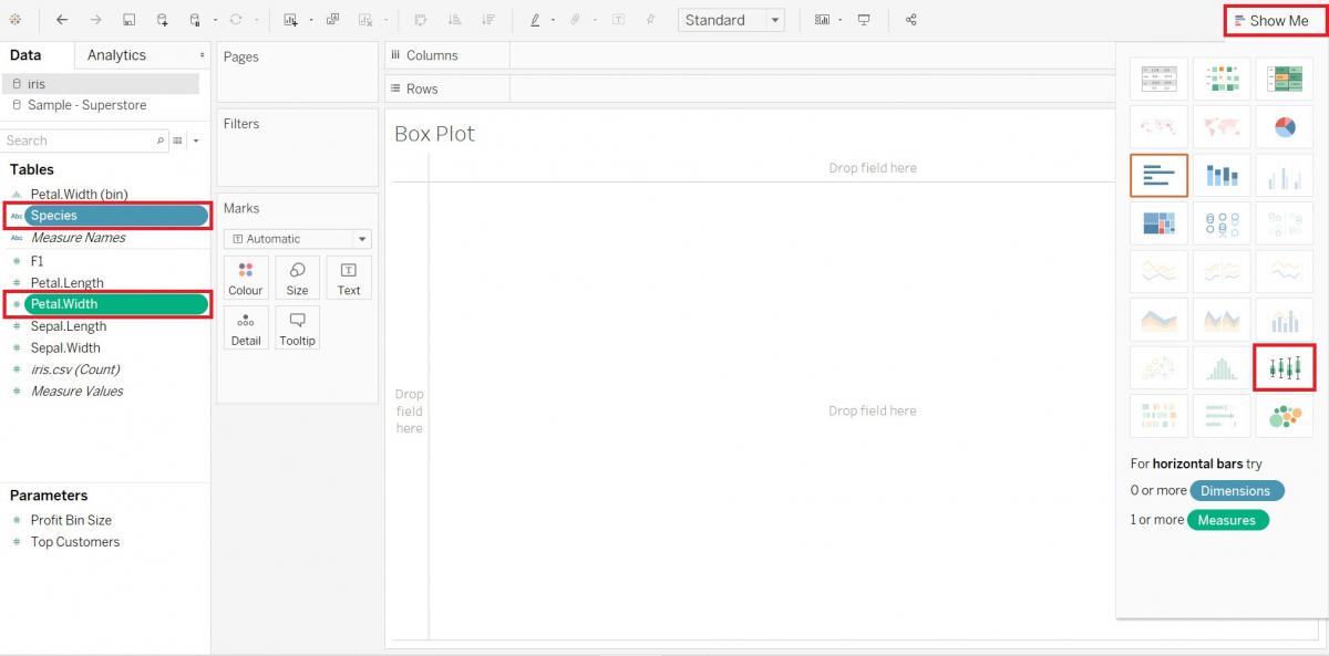 Highlight of Pedal.Width and Species variables in the Measures and Dimensions sections respectively as well as the Box-Plot option in the Show Me tab.